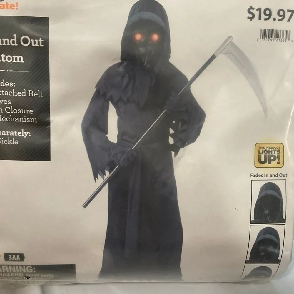 Boys Fade In & Out Phantom Costume M 8 Light Up Halloween Grim Reaper